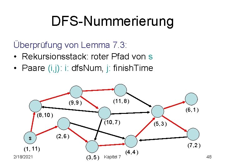DFS-Nummerierung Überprüfung von Lemma 7. 3: • Rekursionsstack: roter Pfad von s • Paare