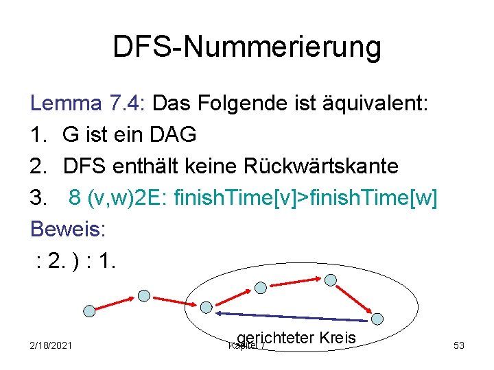 DFS-Nummerierung Lemma 7. 4: Das Folgende ist äquivalent: 1. G ist ein DAG 2.