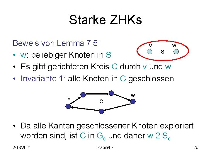 Starke ZHKs Beweis von Lemma 7. 5: v w S • w: beliebiger Knoten