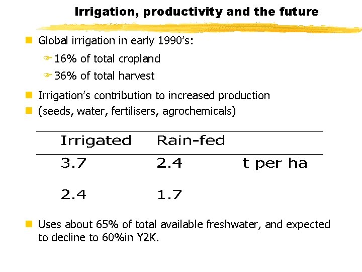 Irrigation, productivity and the future n Global irrigation in early 1990’s: F 16% of