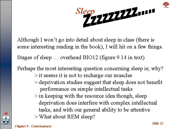Sleep Although I won’t go into detail about sleep in class (there is some