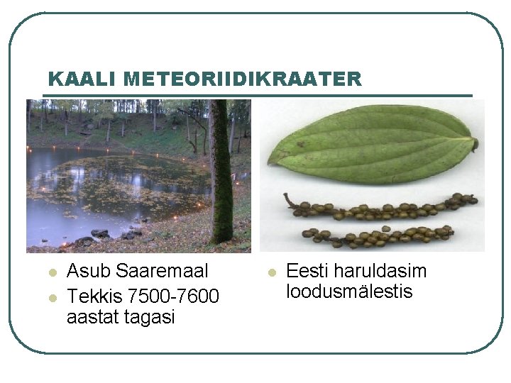 KAALI METEORIIDIKRAATER l l Asub Saaremaal Tekkis 7500 -7600 aastat tagasi l Eesti haruldasim