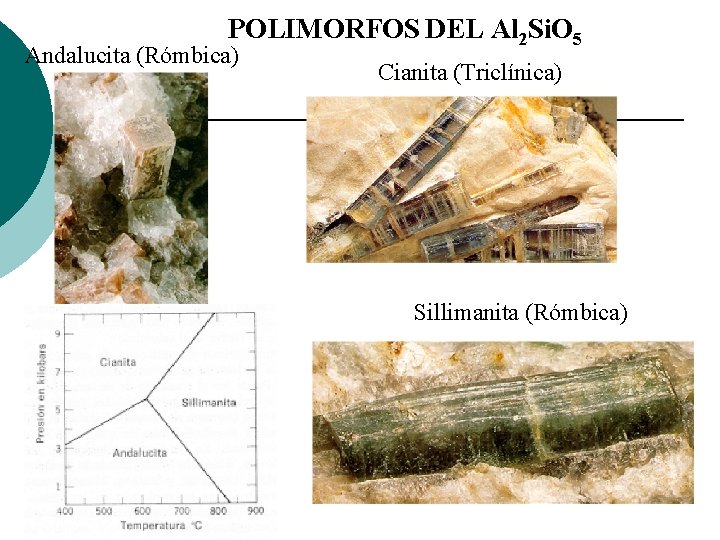 POLIMORFOS DEL Al 2 Si. O 5 Andalucita (Rómbica) Cianita (Triclínica) Sillimanita (Rómbica) 