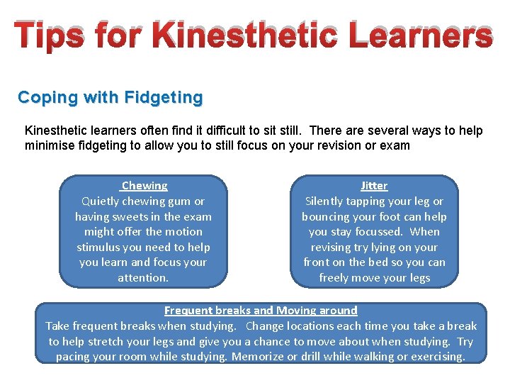 Tips for Kinesthetic Learners Coping with Fidgeting Kinesthetic learners often find it difficult to