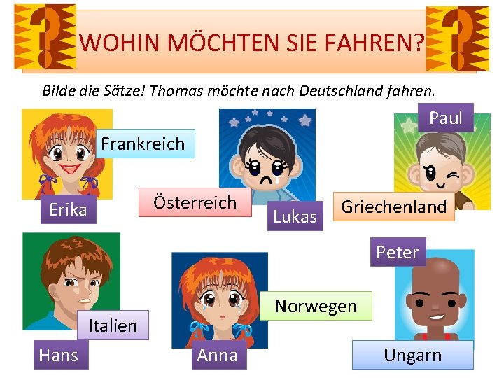 WOHIN MÖCHTEN SIE FAHREN? Bilde die Sätze! Thomas möchte nach Deutschland fahren. Paul Frankreich