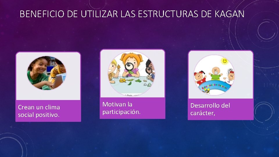 BENEFICIO DE UTILIZAR LAS ESTRUCTURAS DE KAGAN Crean un clima social positivo. Motivan la