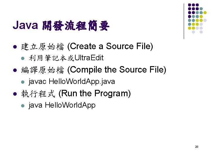 Java 開發流程簡要 l 建立原始檔 (Create a Source File) l l 編譯原始檔 (Compile the Source