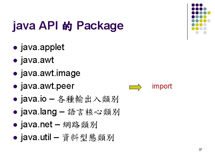 java API 的 Package l l l l java. applet java. awt. image java.