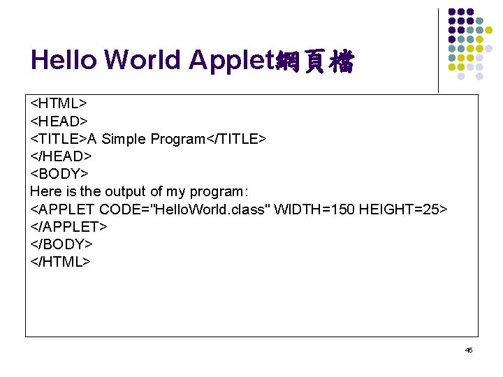 Hello World Applet網頁檔 <HTML> <HEAD> <TITLE>A Simple Program</TITLE> </HEAD> <BODY> Here is the output