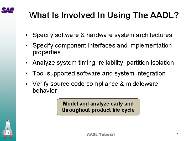 What Is Involved In Using The AADL? • Specify software & hardware system architectures