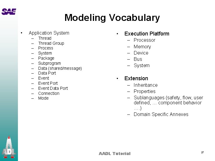 Modeling Vocabulary • Application System – – – – Thread Group Process System Package