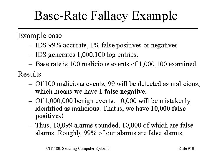 Base-Rate Fallacy Example case – IDS 99% accurate, 1% false positives or negatives –