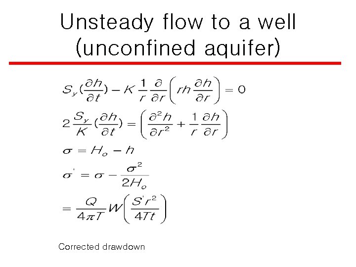 Unsteady flow to a well (unconfined aquifer) Corrected drawdown 