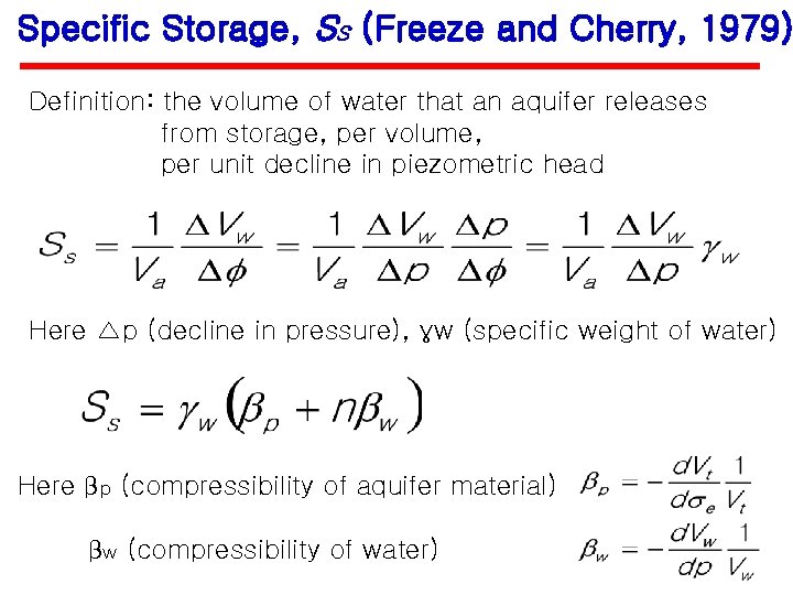 Specific Storage, Ss (Freeze and Cherry, 1979) Definition: the volume of water that an