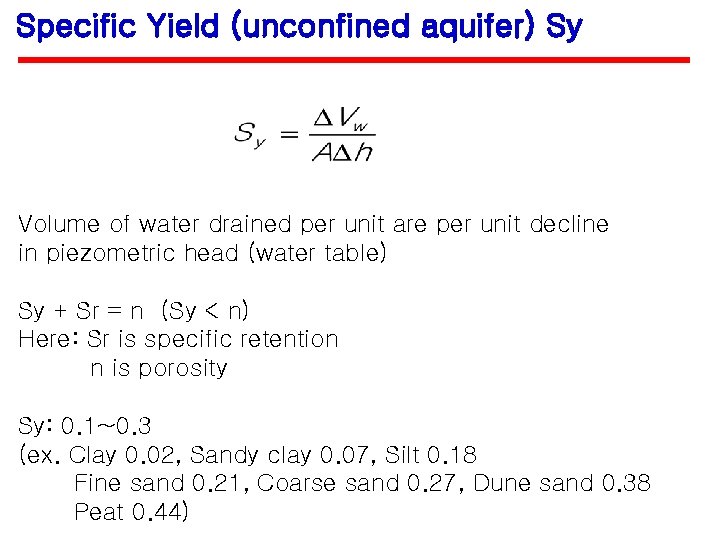 Specific Yield (unconfined aquifer) Sy Volume of water drained per unit are per unit
