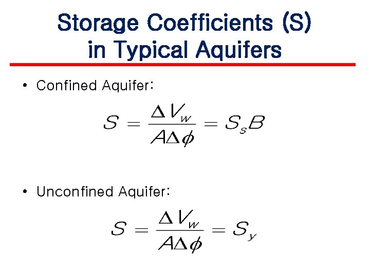 Storage Coefficients (S) in Typical Aquifers • Confined Aquifer: • Unconfined Aquifer: 