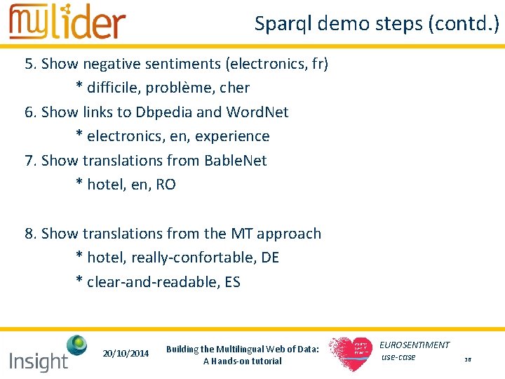 Sparql demo steps (contd. ) 5. Show negative sentiments (electronics, fr) * difficile, problème, Sparql demo steps (contd. ) 5. Show negative sentiments (electronics, fr) * difficile, problème,