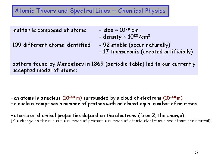 Atomic Theory and Spectral Lines -- Chemical Physics matter is composed of atoms –