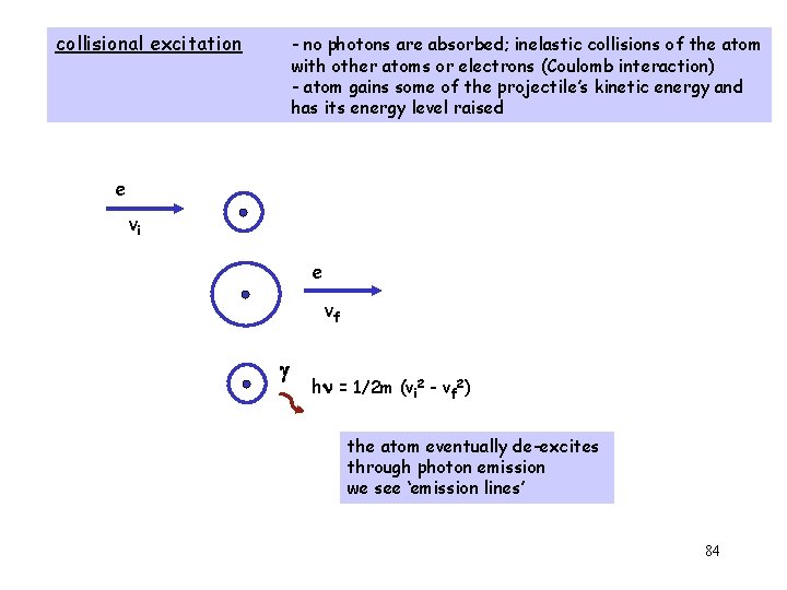 collisional excitation - no photons are absorbed; inelastic collisions of the atom with other