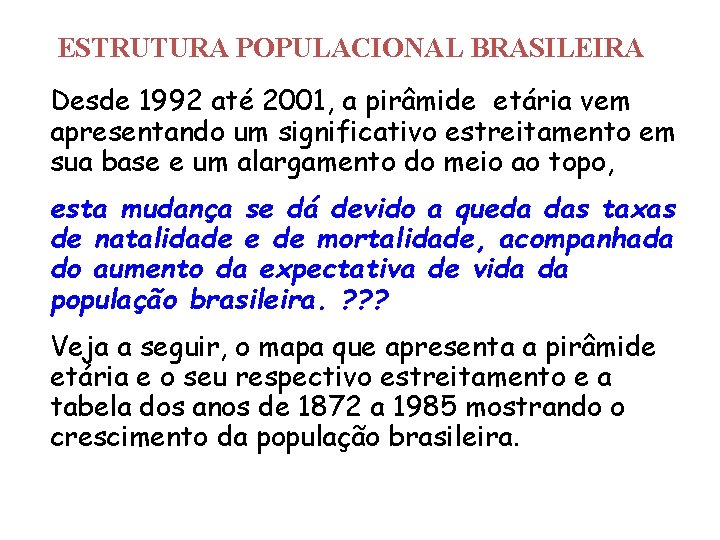 ESTRUTURA POPULACIONAL BRASILEIRA Desde 1992 até 2001, a pirâmide etária vem apresentando um significativo