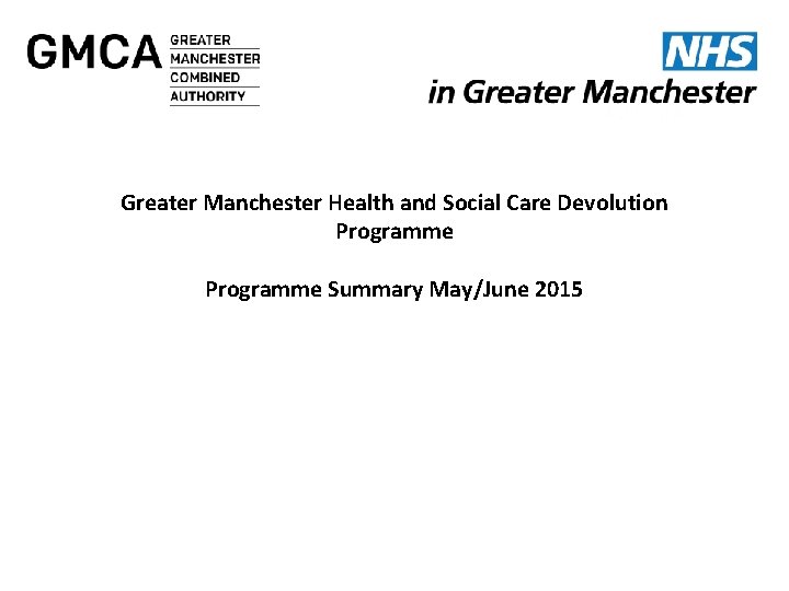 Greater Manchester. NW Health Social Care Devolution Financeand Directors Programme Friday 15 May 2015