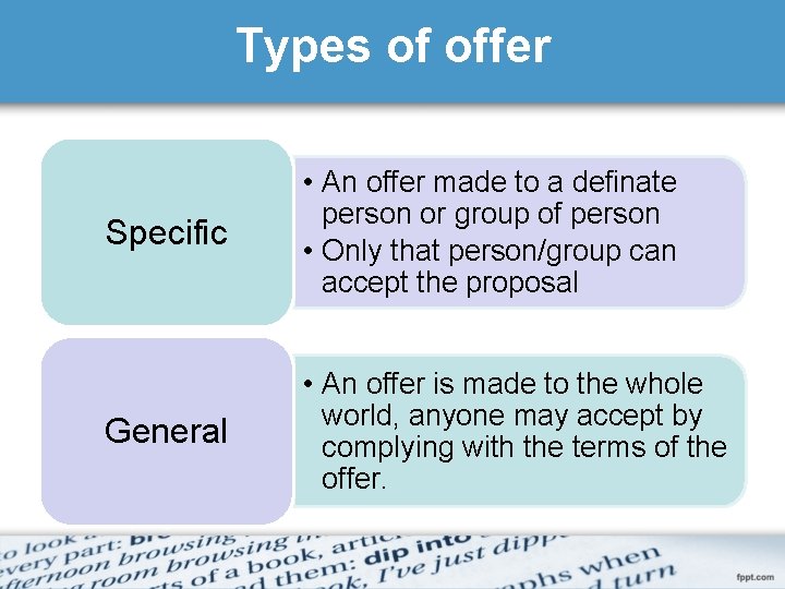 Types of offer Specific • An offer made to a definate person or group