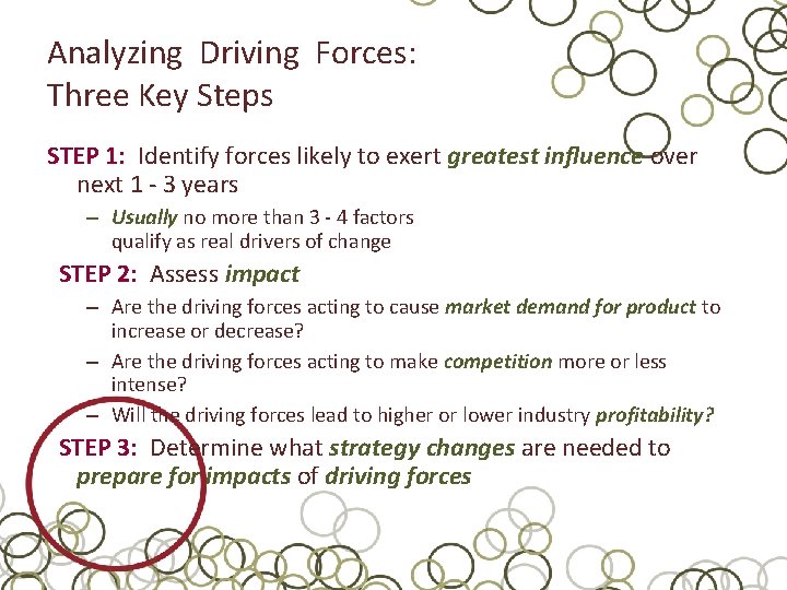 Analyzing Driving Forces: Three Key Steps STEP 1: Identify forces likely to exert greatest