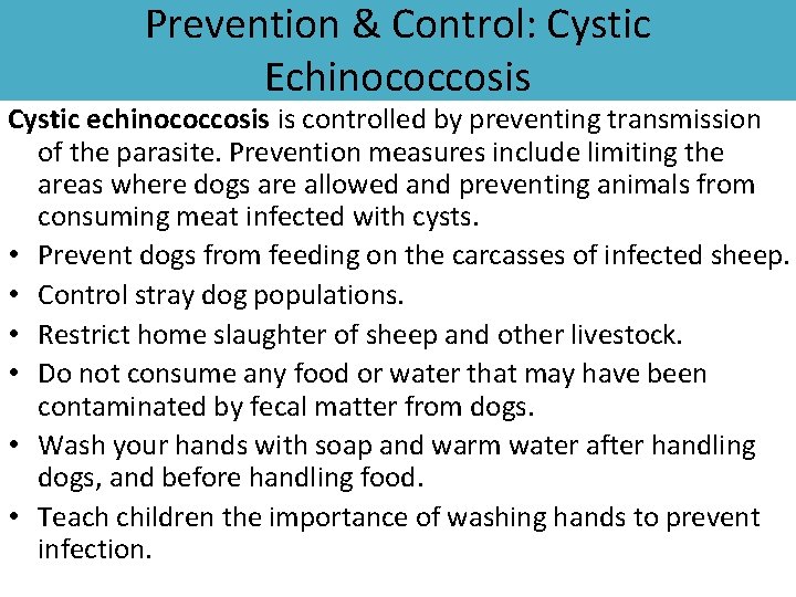 Prevention & Control: Cystic Echinococcosis Cystic echinococcosis is controlled by preventing transmission of the