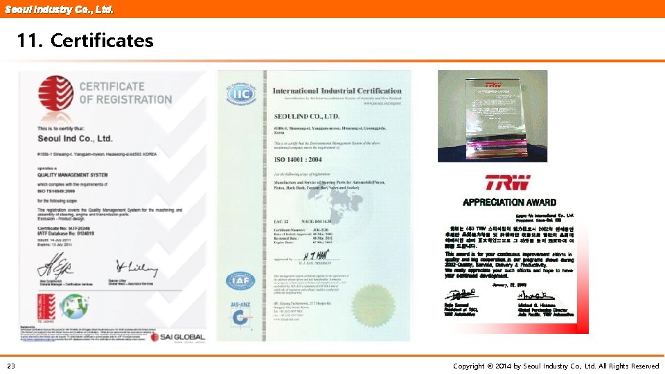 Seoul Industry Co. , Ltd. 11. Certificates 23 Copyright © 2014 by Seoul Industry