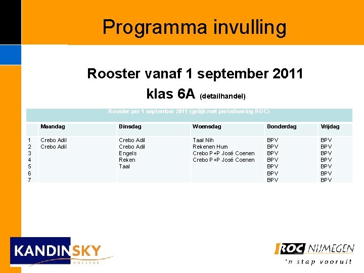 Programma invulling Rooster vanaf 1 september 2011 klas 6 A (detailhandel) Rooster per 1