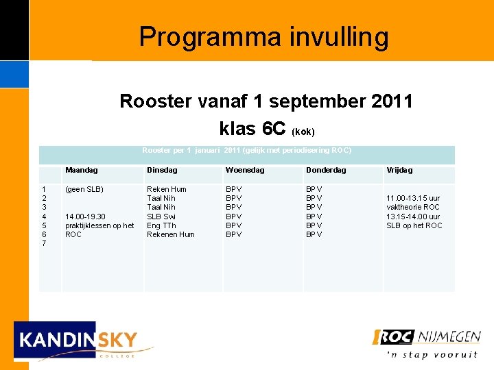 Programma invulling Rooster vanaf 1 september 2011 klas 6 C (kok) Rooster per 1