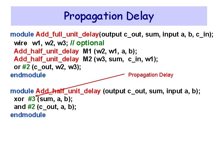 Propagation Delay module Add_full_unit_delay(output c_out, sum, input a, b, c_in); wire w 1, w