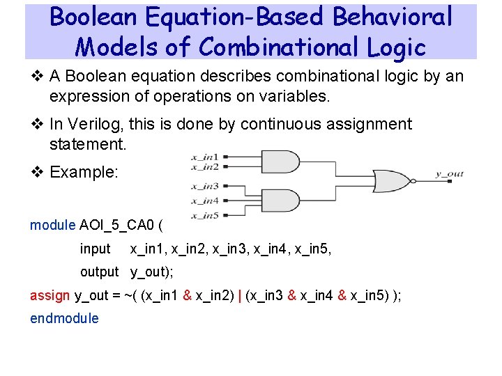 Boolean Equation-Based Behavioral Models of Combinational Logic v A Boolean equation describes combinational logic