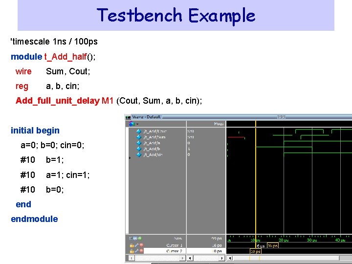 Testbench Example 'timescale 1 ns / 100 ps module t_Add_half(); wire Sum, Cout; reg