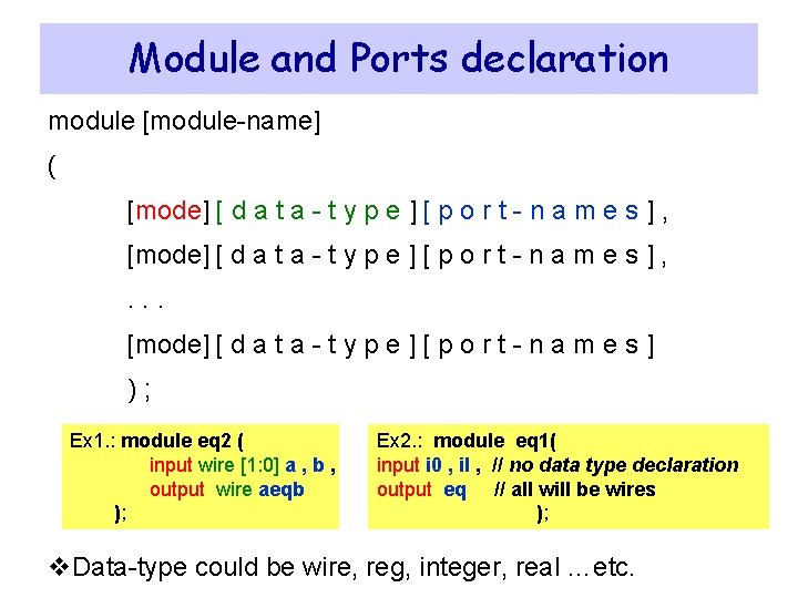 Module and Ports declaration module [module-name] ( [mode] [ d a t a -