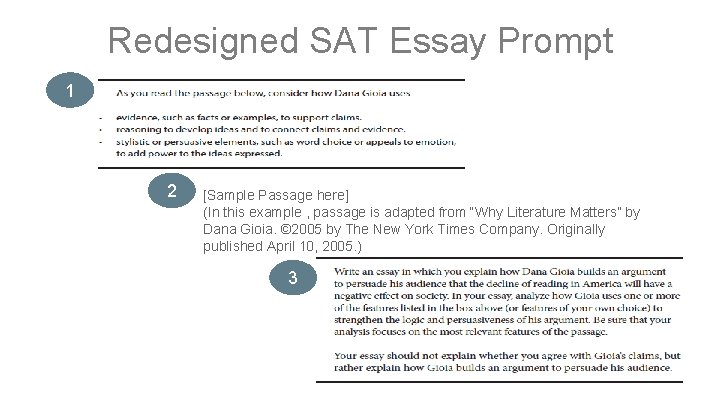 Redesigned SAT Essay Prompt 1 2 [Sample Passage here] (In this example , passage