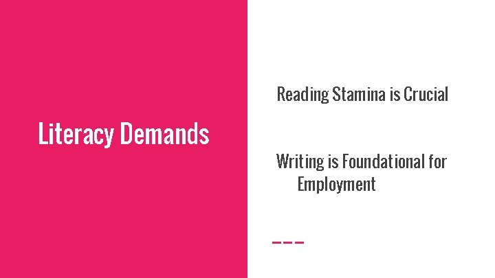 Reading Stamina is Crucial Literacy Demands Writing is Foundational for Employment 