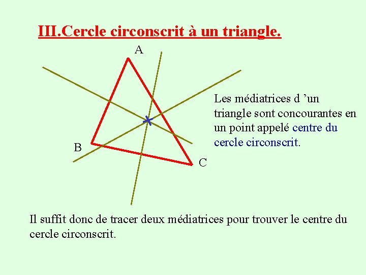 III. Cercle circonscrit à un triangle. A Les médiatrices d ’un triangle sont concourantes