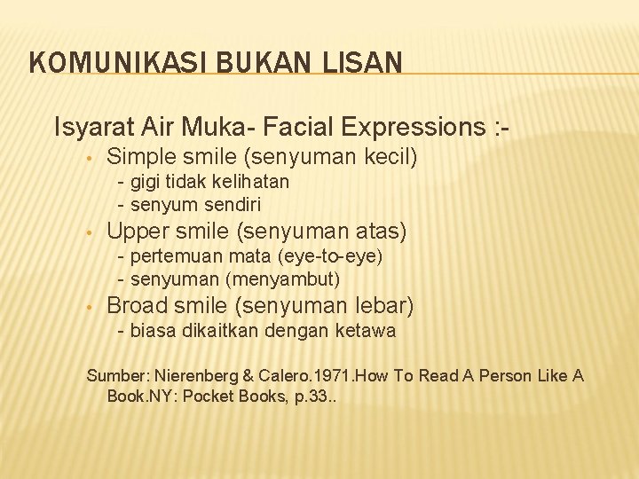 KOMUNIKASI BUKAN LISAN Isyarat Air Muka- Facial Expressions : • Simple smile (senyuman kecil) KOMUNIKASI BUKAN LISAN Isyarat Air Muka- Facial Expressions : • Simple smile (senyuman kecil)
