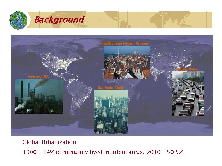 Background Hirschhorn am Neckar, Germany Beijing, China Houston, USA Sao Paulo, Brazil Global Urbanization