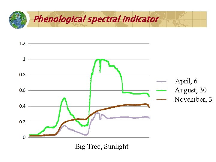 Phenological spectral indicator April, 6 August, 30 November, 3 Big Tree, Sunlight 