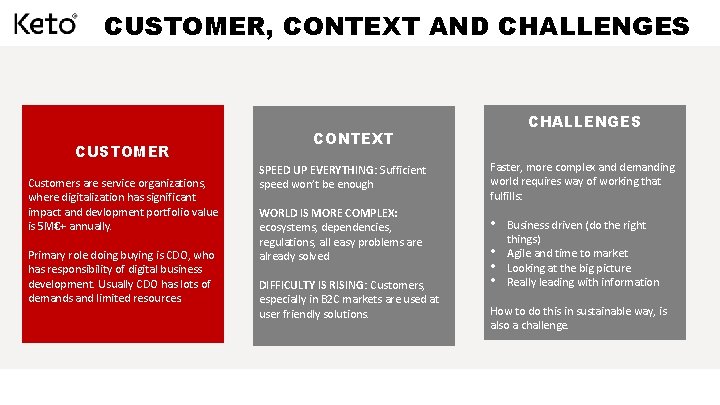 CUSTOMER, CONTEXT AND CHALLENGES CUSTOMER Customers are service organizations, where digitalization has significant impact