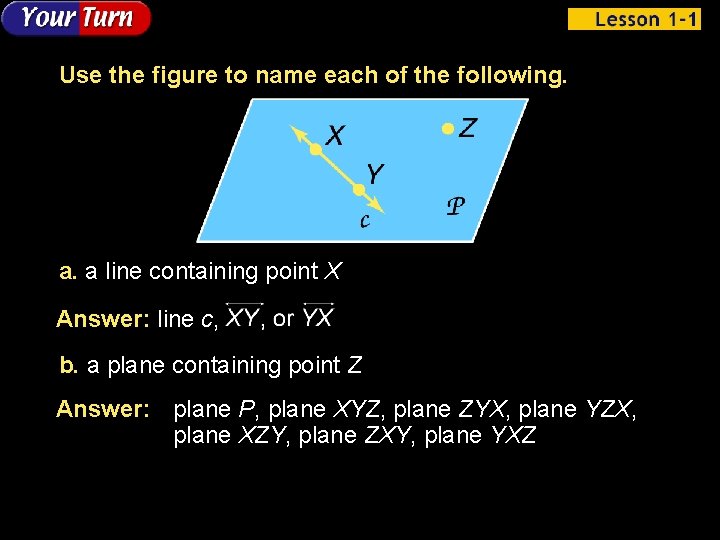 Use the figure to name each of the following. a. a line containing point