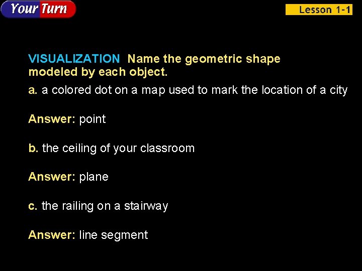 VISUALIZATION Name the geometric shape modeled by each object. a. a colored dot on