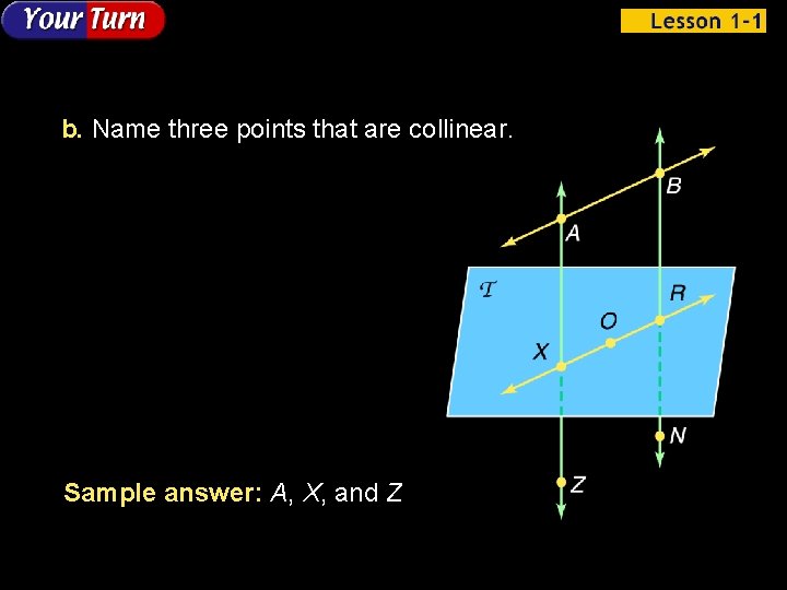 b. Name three points that are collinear. Sample answer: A, X, and Z 