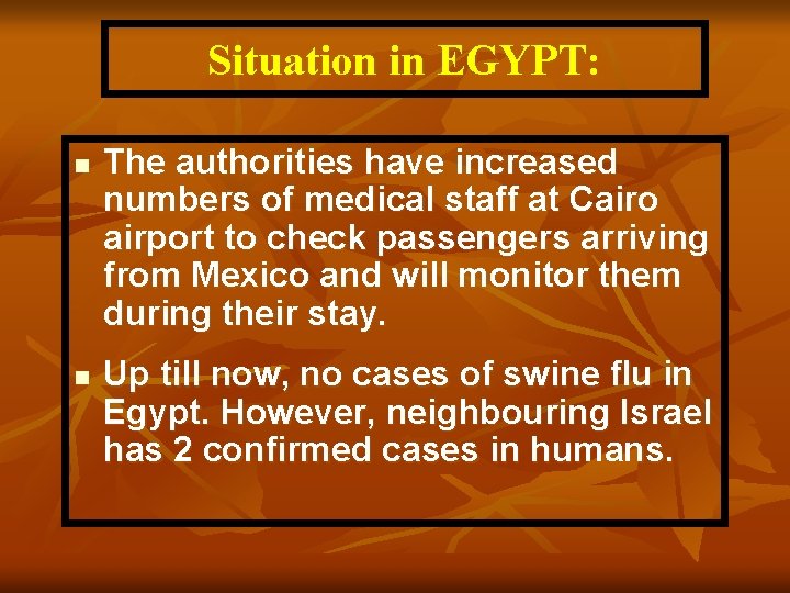 Situation in EGYPT: n The authorities have increased numbers of medical staff at Cairo