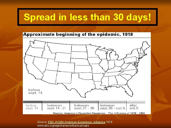 Spread in less than 30 days! Source: PBS, WGBH American Experience : Influenza 1918