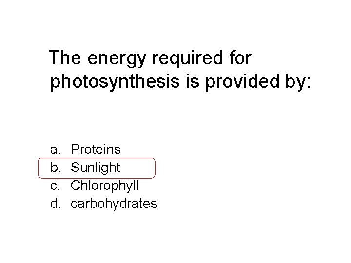 The energy required for photosynthesis is provided by: a. b. c. d. Proteins Sunlight