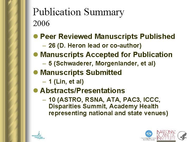 Publication Summary 2006 l Peer Reviewed Manuscripts Published – 26 (D. Heron lead or Publication Summary 2006 l Peer Reviewed Manuscripts Published – 26 (D. Heron lead or