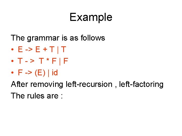 Example The grammar is as follows • E -> E + T | T